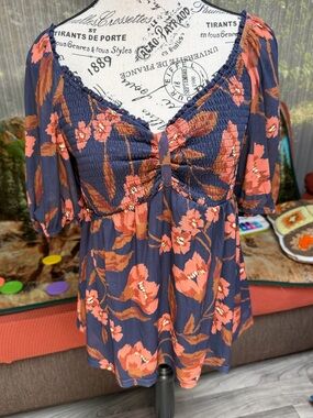NWOT Floral Navy and Coral Smocked Peasant Top